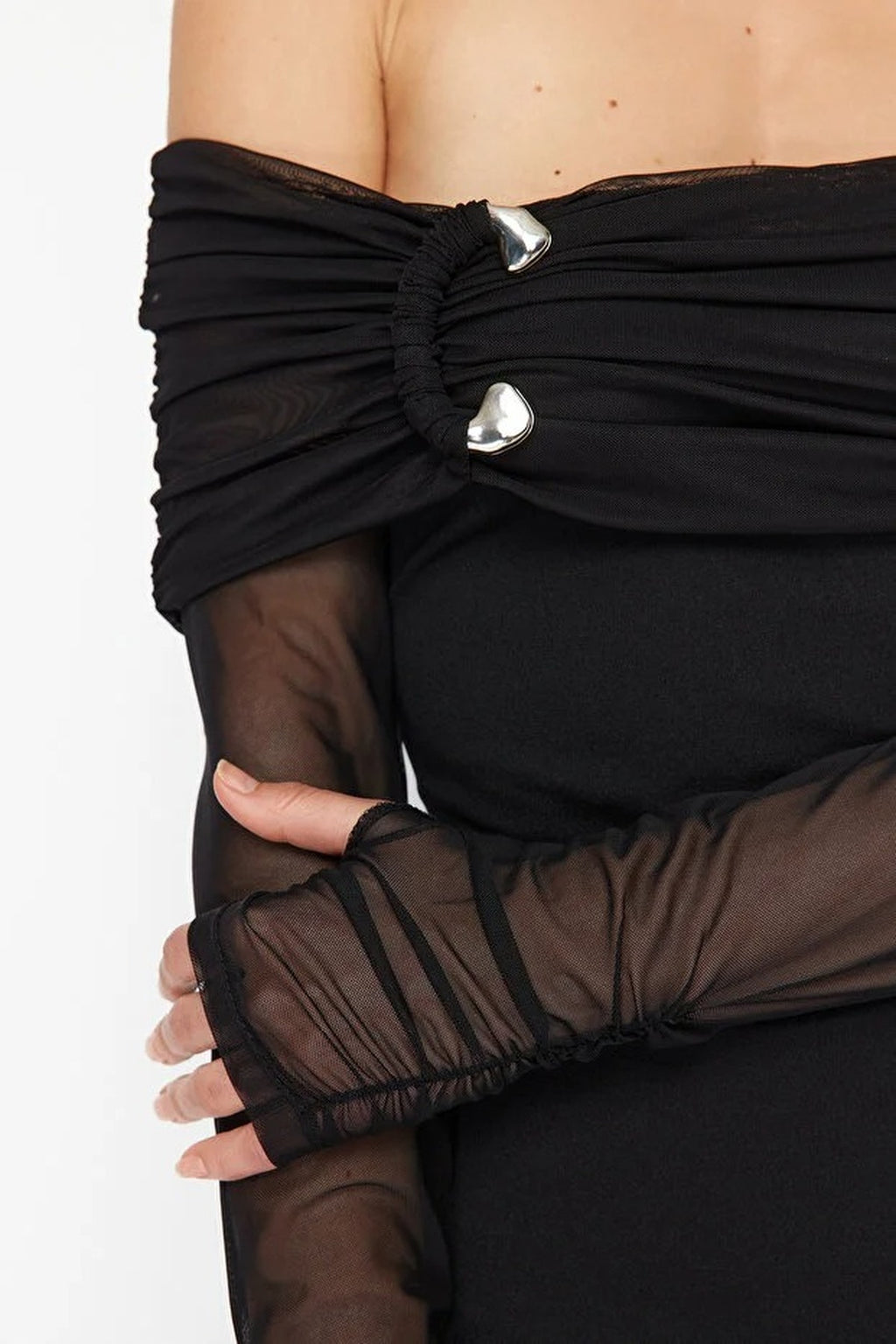 Knitted Long Evening Dress with Accessory and Glove Details