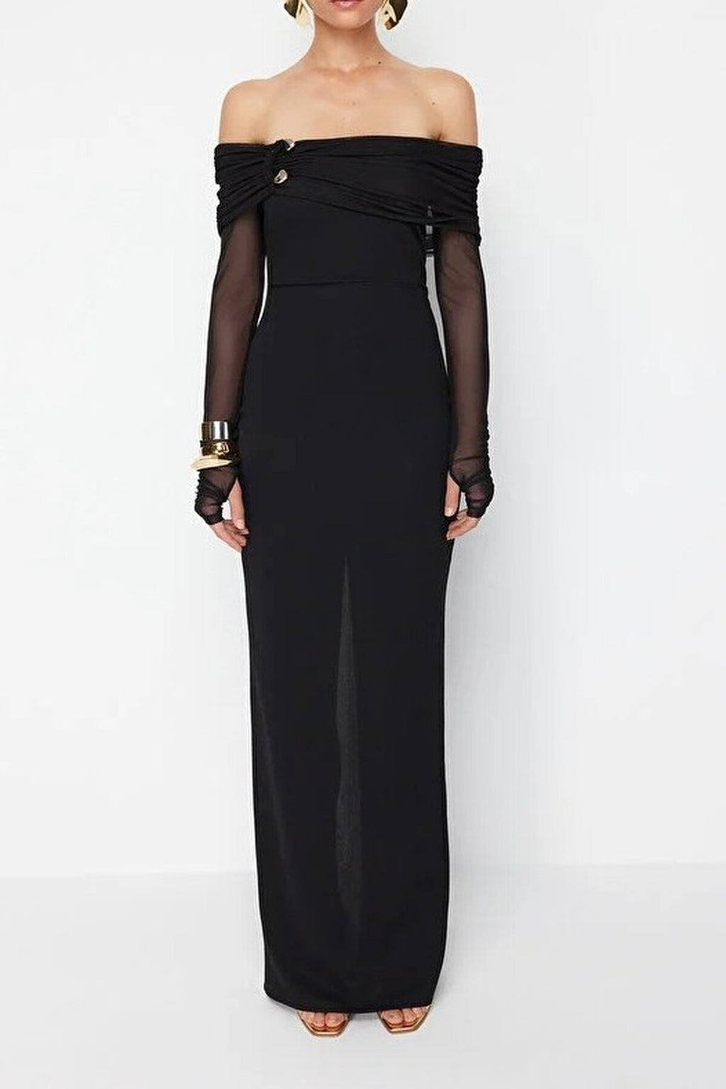 Knitted Long Evening Dress with Accessory and Glove Details