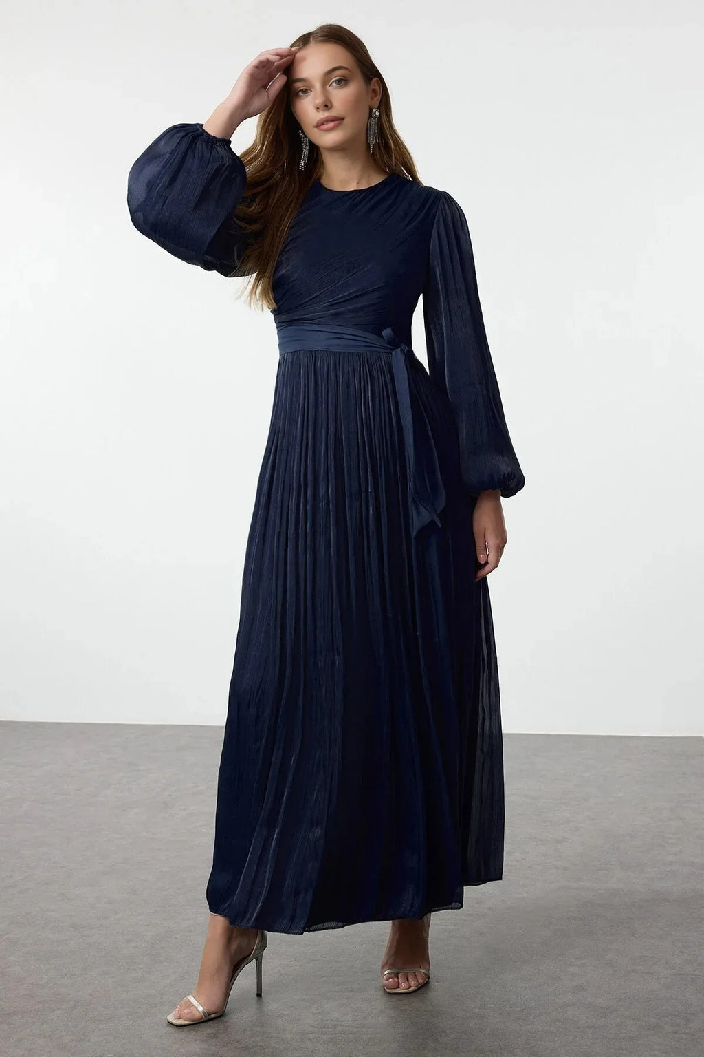 Belted Glittery Lined Chiffon Dress
