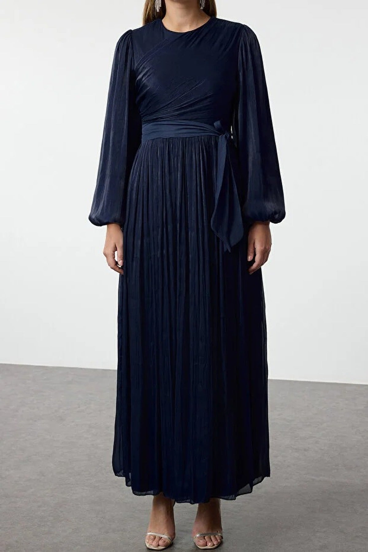 Belted Glittery Lined Chiffon Dress