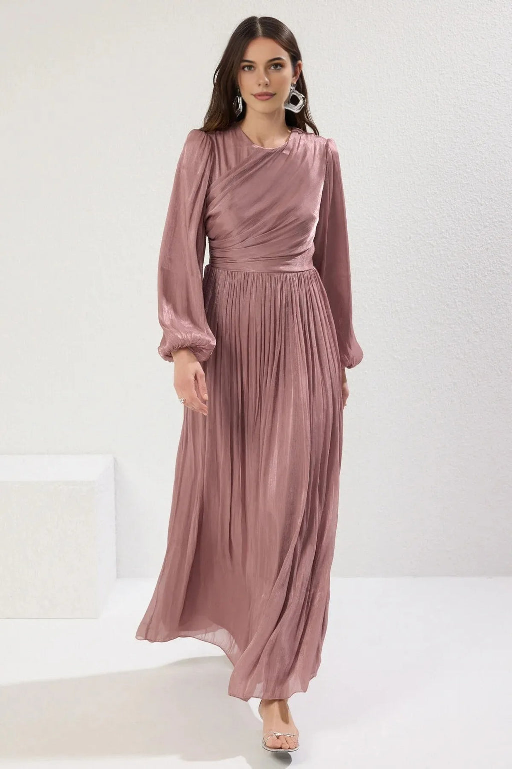 Belted Glittery Lined Chiffon Dress