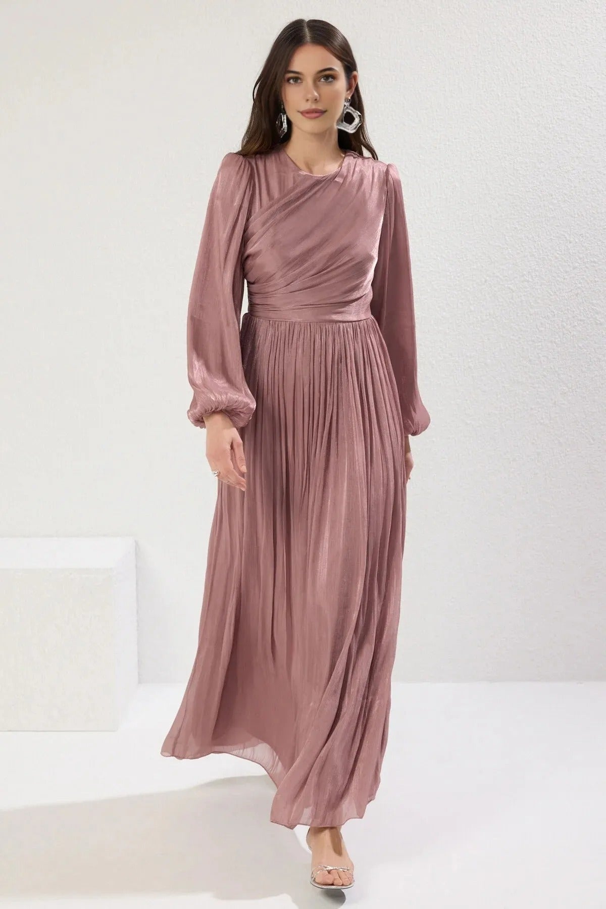 Belted Glittery Lined Chiffon Dress