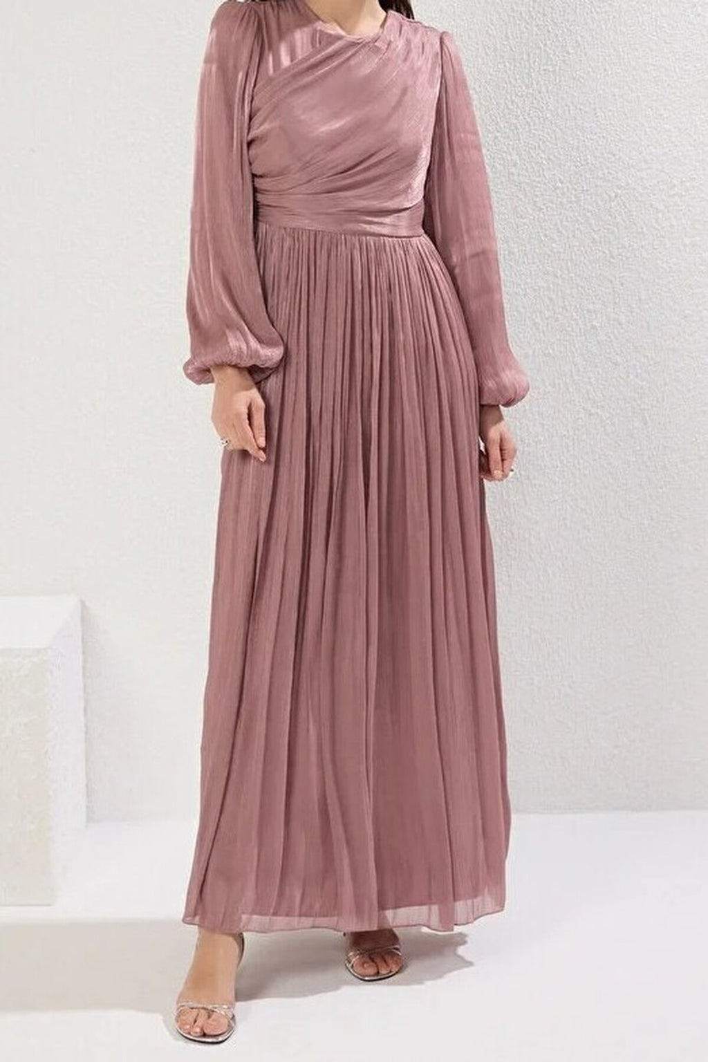 Belted Glittery Lined Chiffon Dress
