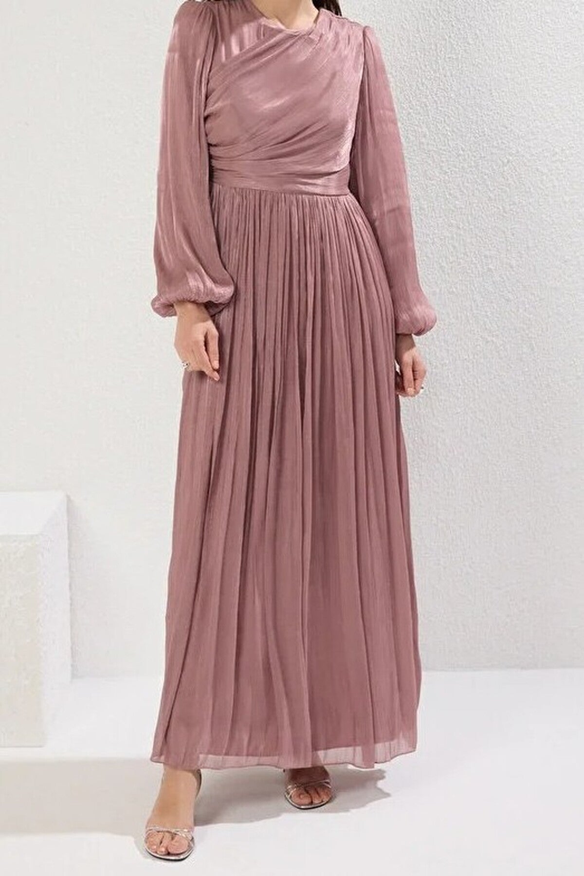 Belted Glittery Lined Chiffon Dress