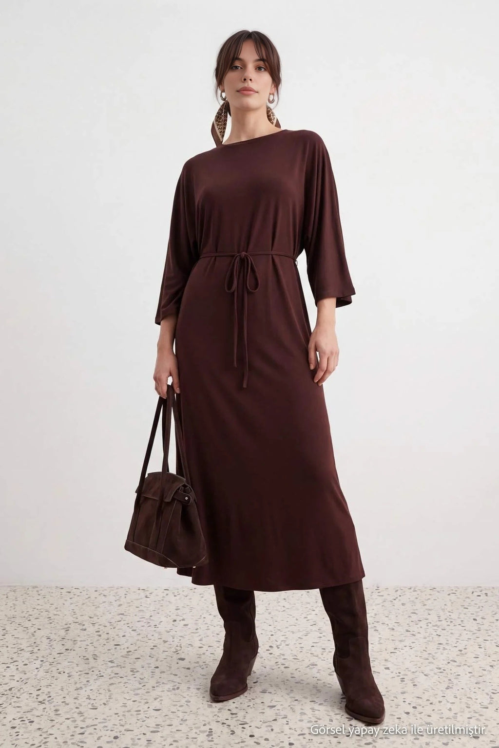 Boat Neck Batwing Sleeve Tie Detail A-Line Midi Dress