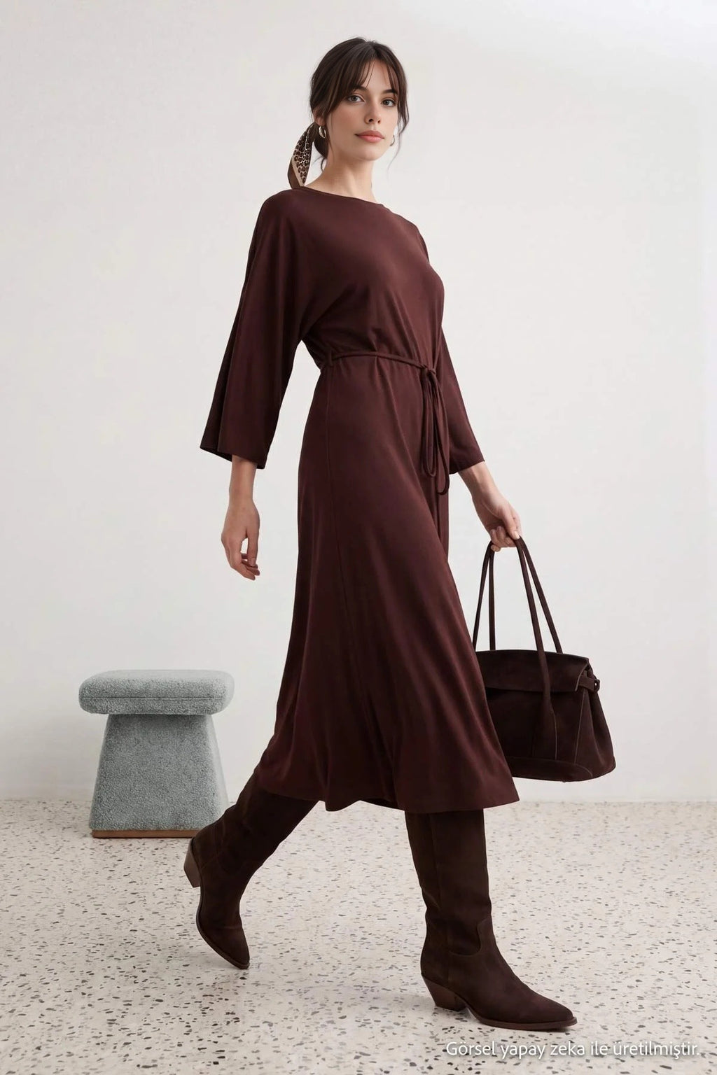 Boat Neck Batwing Sleeve Tie Detail A-Line Midi Dress