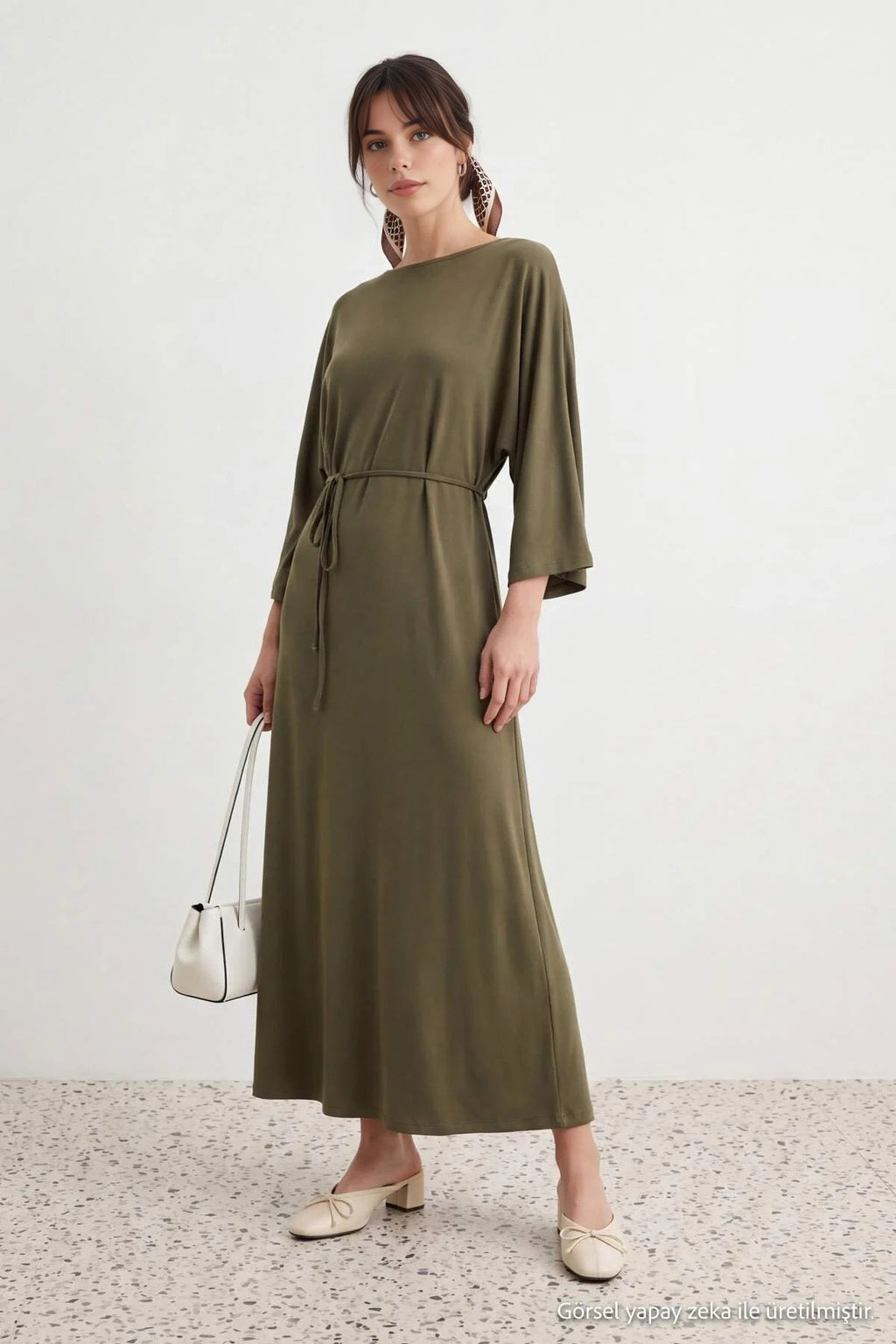 Boat Neck Batwing Sleeve Tie Detail A-Line Midi Dress