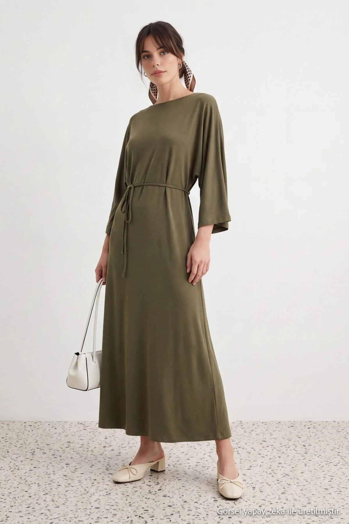 Boat Neck Batwing Sleeve Tie Detail A-Line Midi Dress