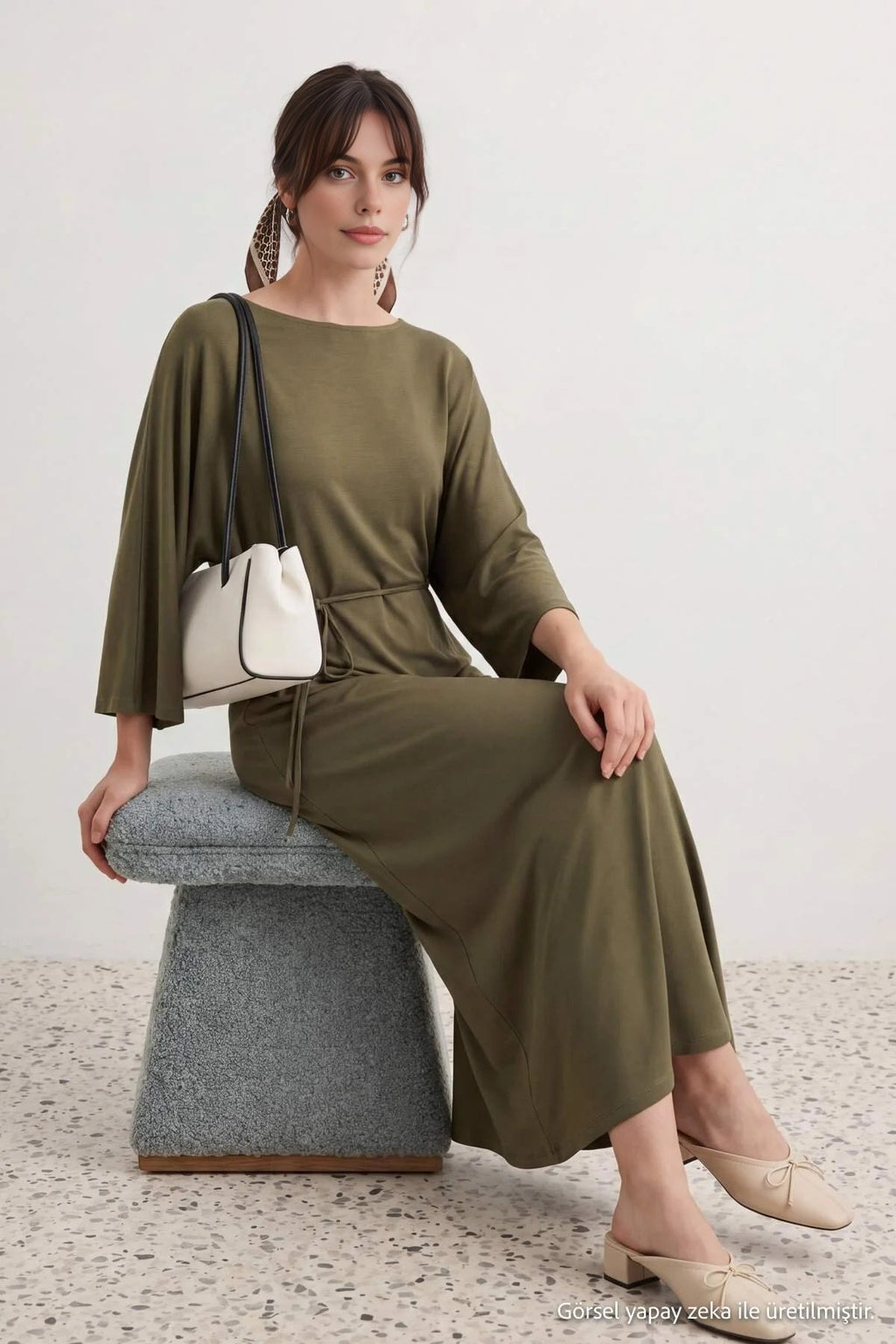 Boat Neck Batwing Sleeve Tie Detail A-Line Midi Dress