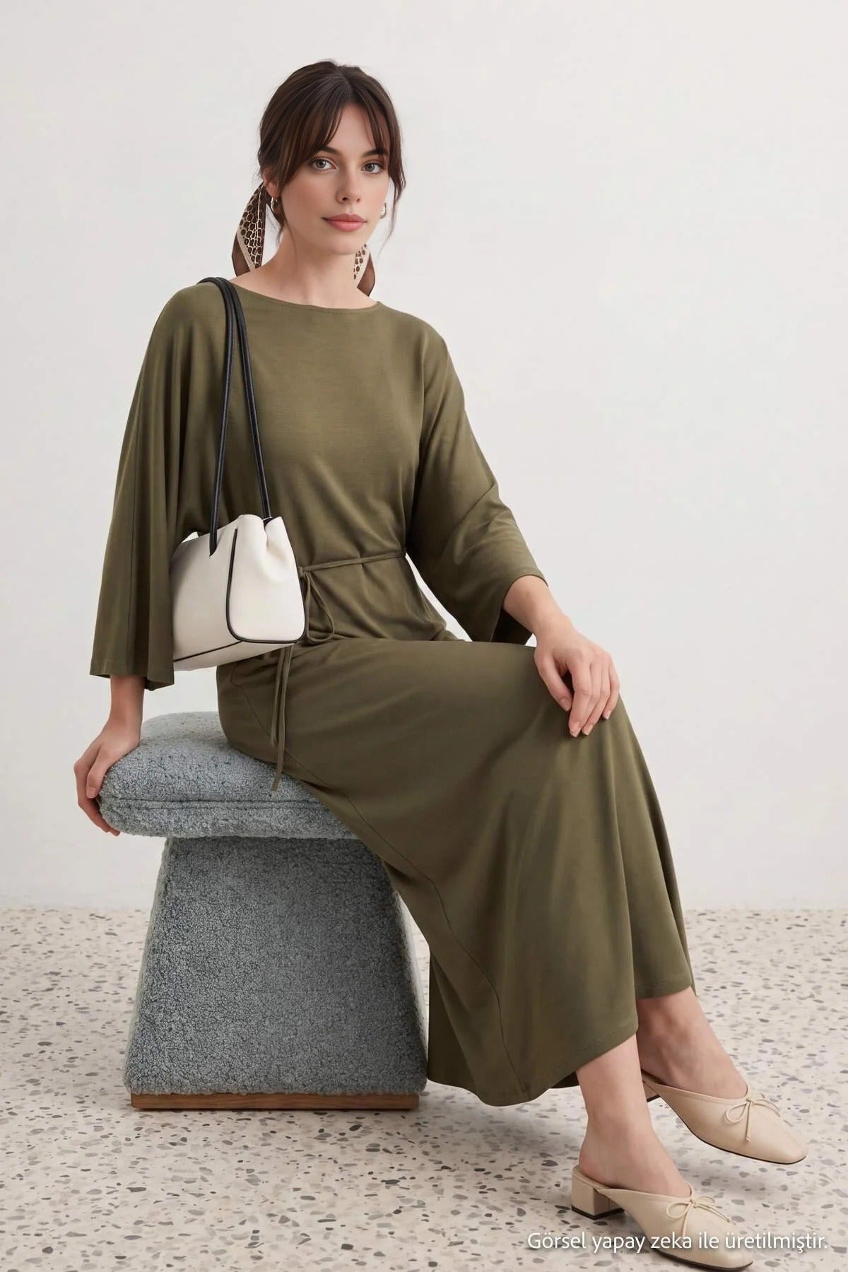 Boat Neck Batwing Sleeve Tie Detail A-Line Midi Dress