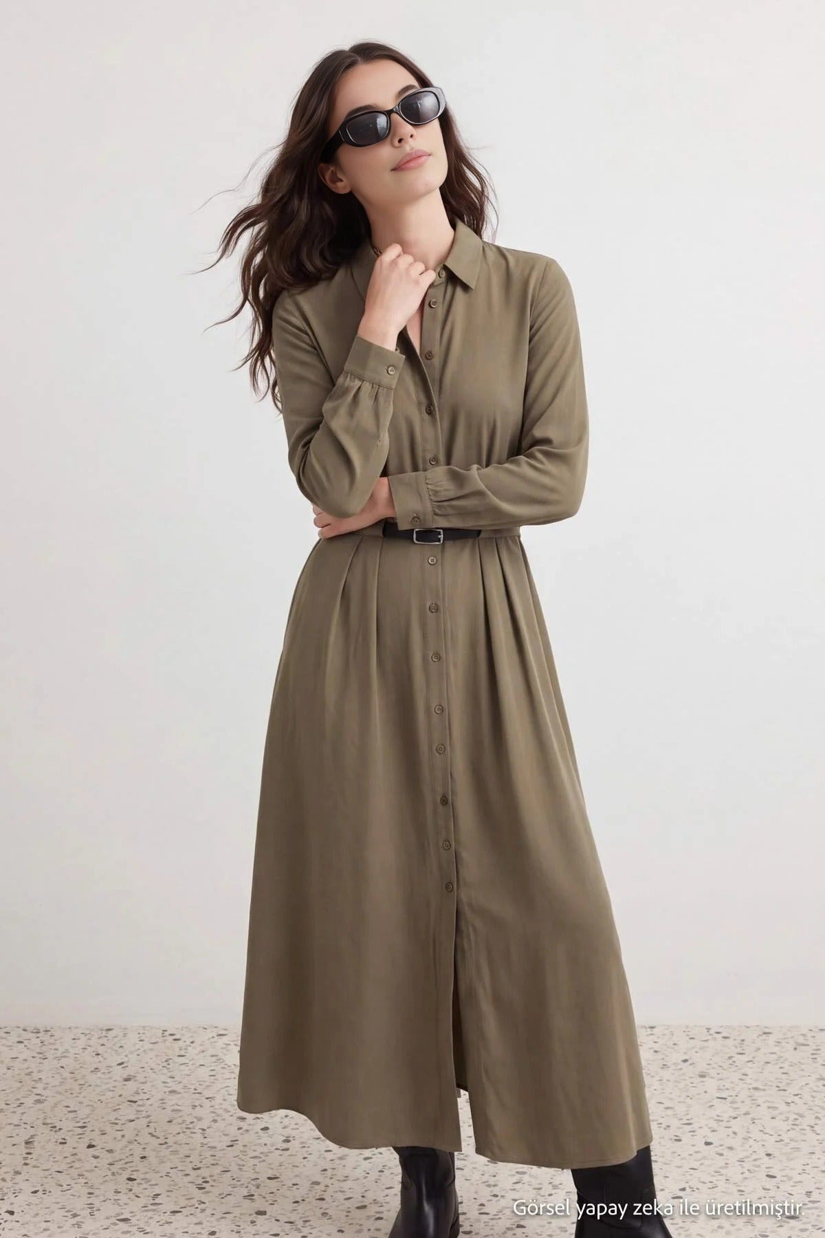 Belted Long Sleeve Maxi Shirt Dress