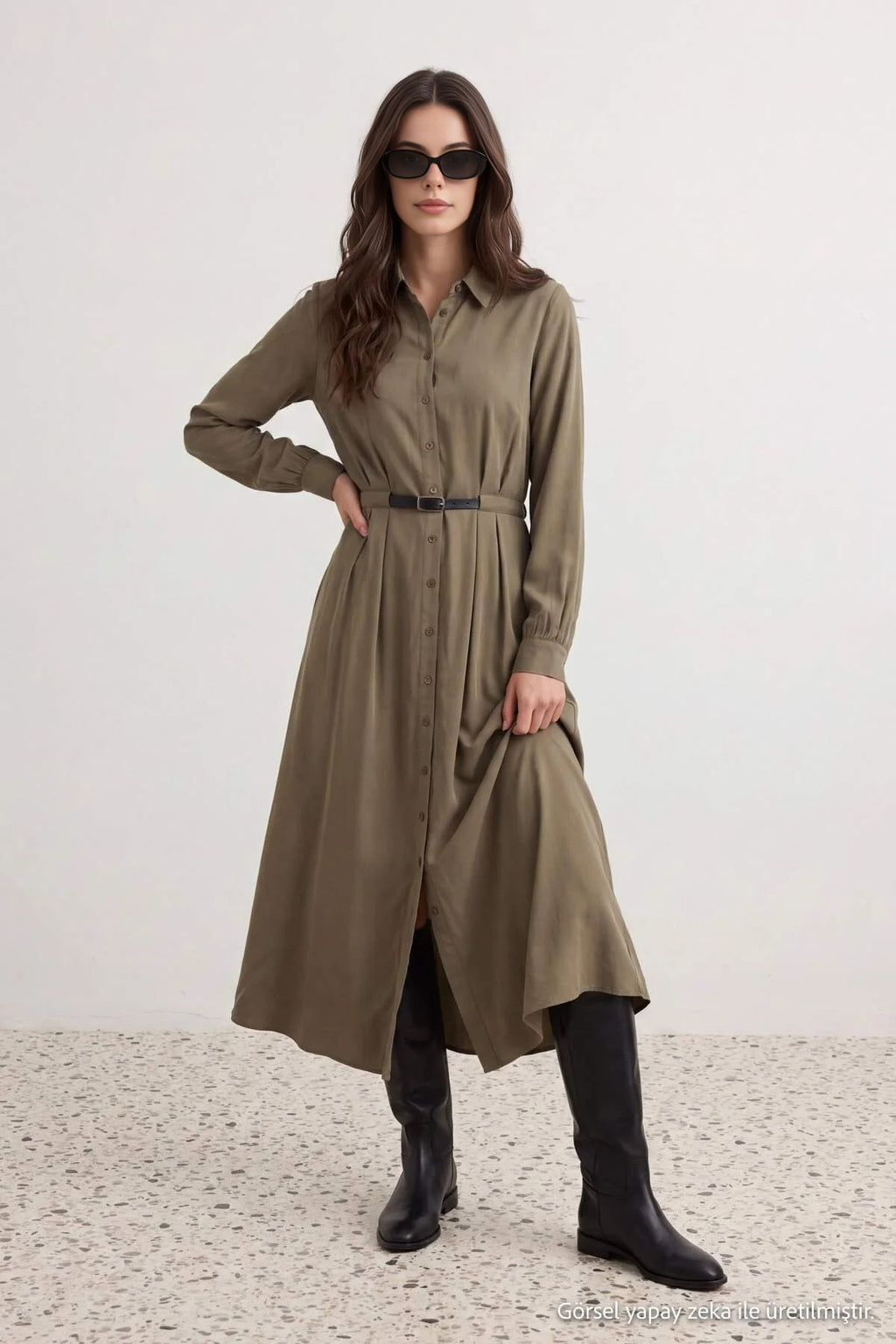 Belted Long Sleeve Maxi Shirt Dress