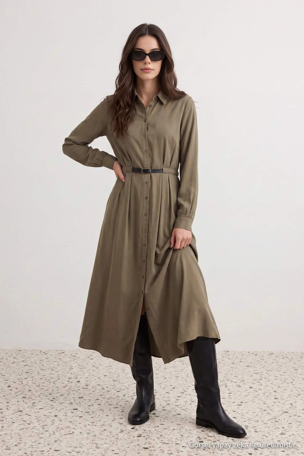 Belted Long Sleeve Maxi Shirt Dress