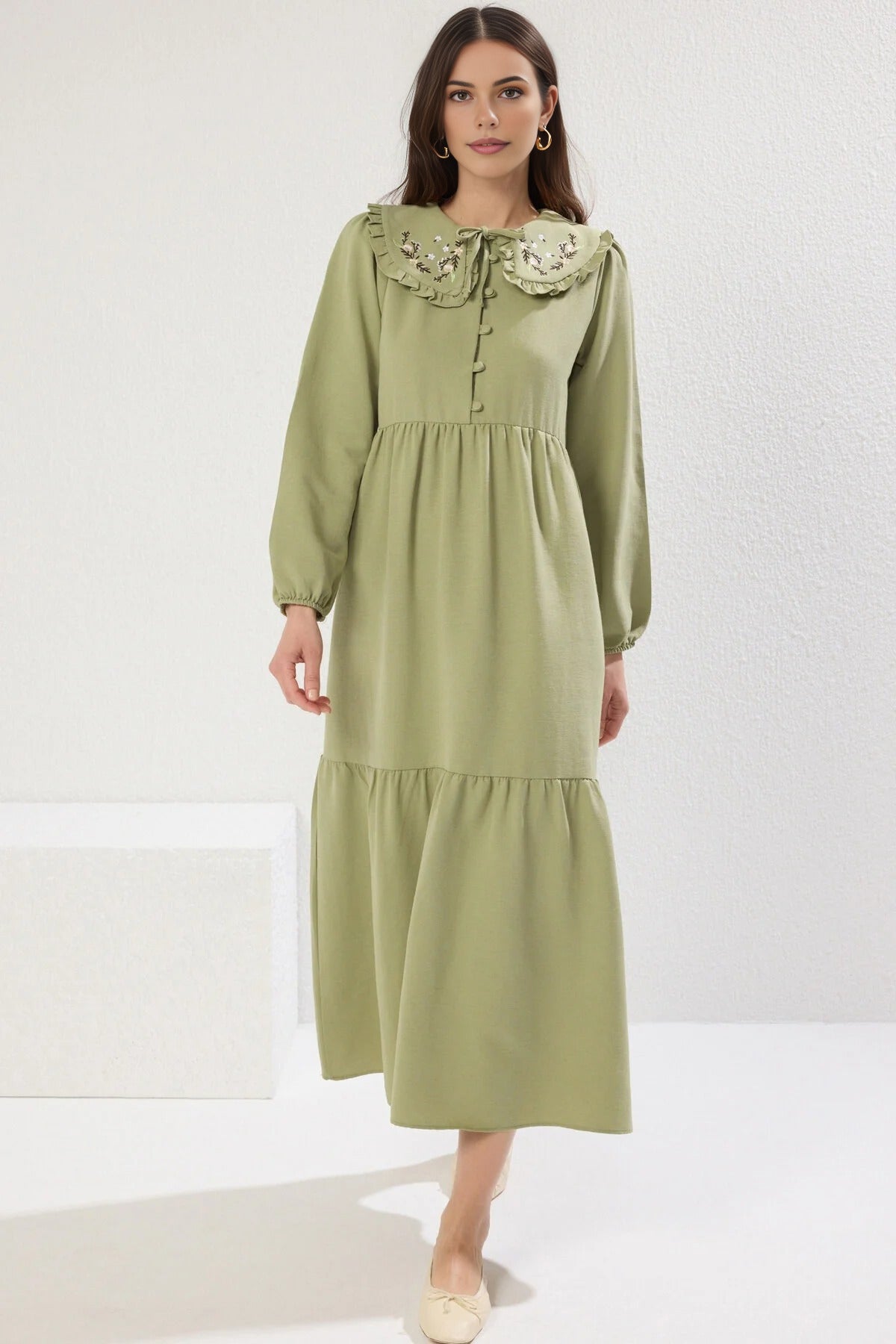 Embroidered Detail Linen Look Shift Midi Dress