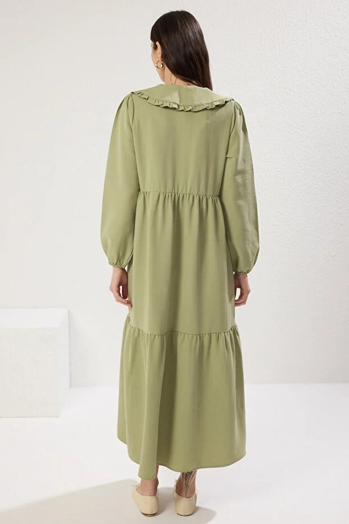 Embroidered Detail Linen Look Shift Midi Dress