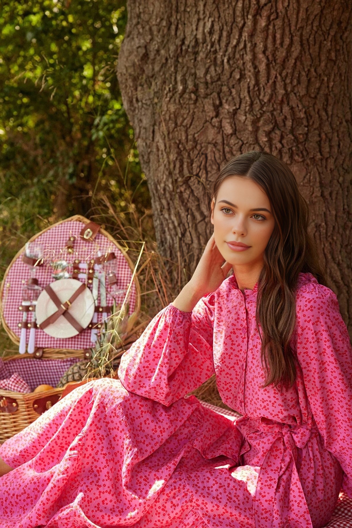 Shirt Collar Belted Floral Print Long Sleeve Midi Dress