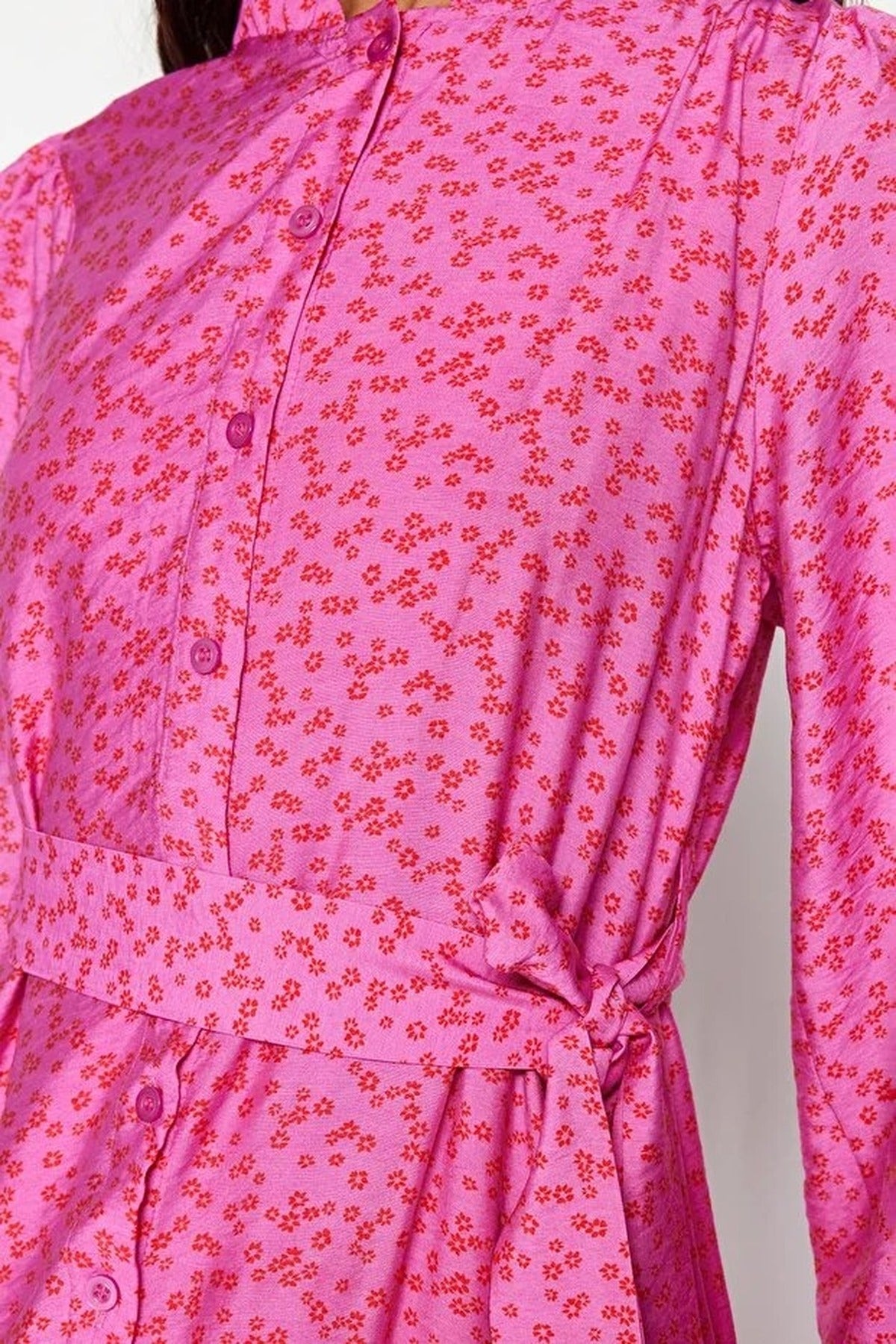 Shirt Collar Belted Floral Print Long Sleeve Midi Dress
