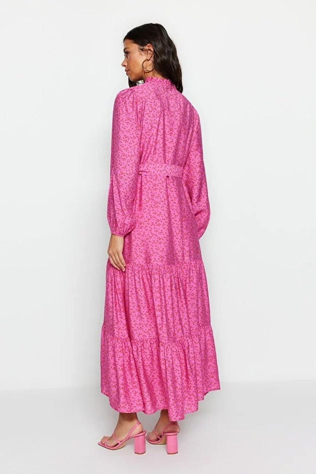 Shirt Collar Belted Floral Print Long Sleeve Midi Dress