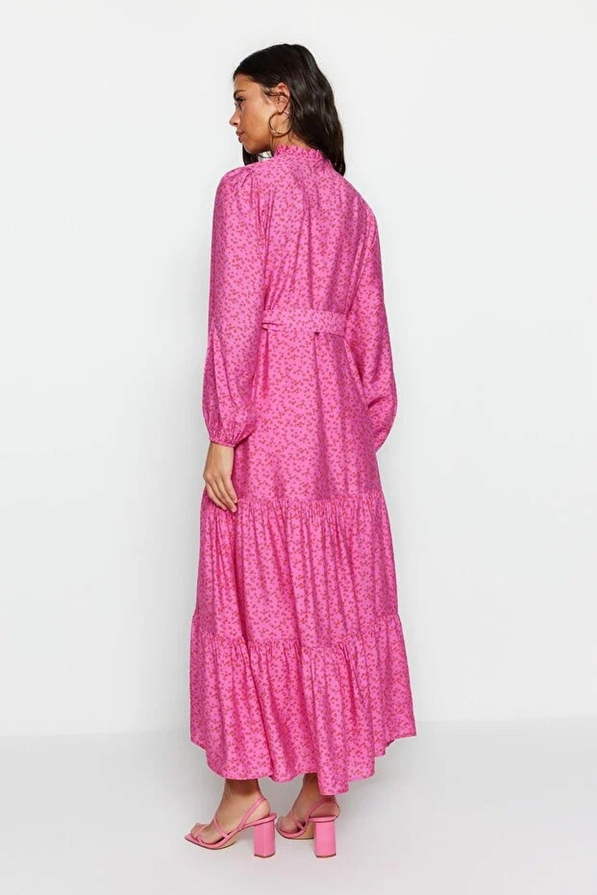 Shirt Collar Belted Floral Print Long Sleeve Midi Dress