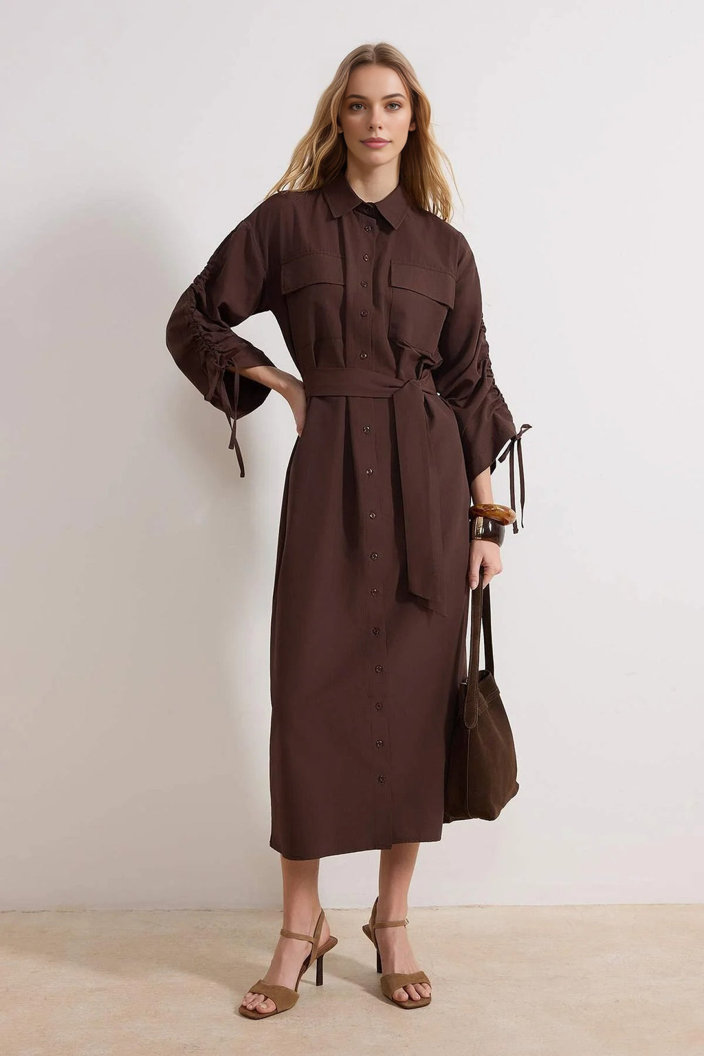 Collared Long Sleeve Tie Cuff Shirt Dress