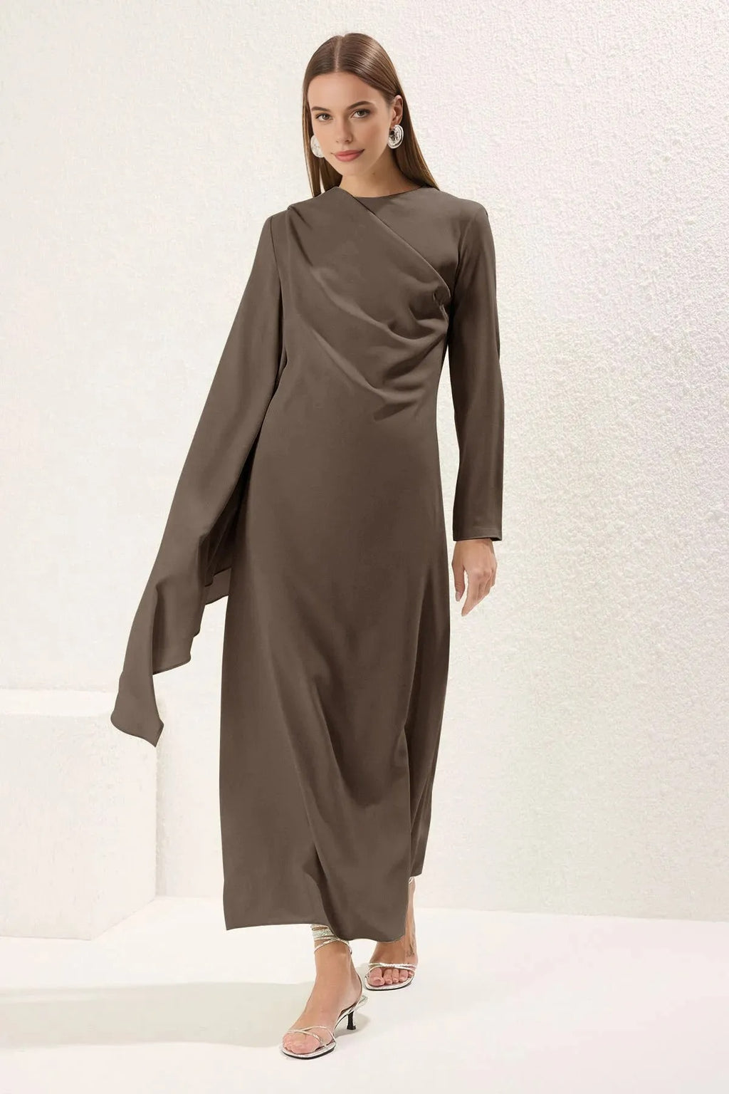 Draped Long Sleeve Maxi Dress with Asymmetric Detail