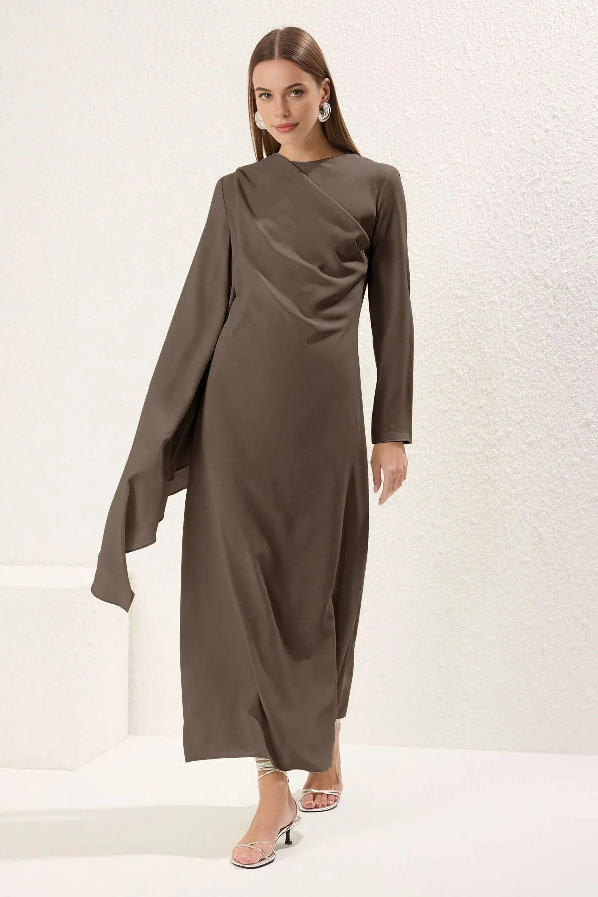 Draped Long Sleeve Maxi Dress with Asymmetric Detail