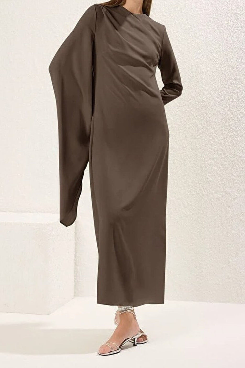 Draped Long Sleeve Maxi Dress with Asymmetric Detail