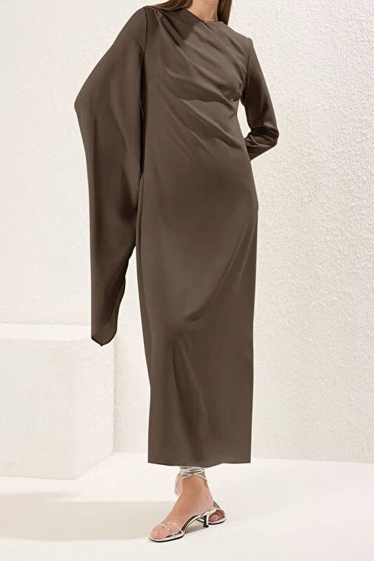 Draped Long Sleeve Maxi Dress with Asymmetric Detail