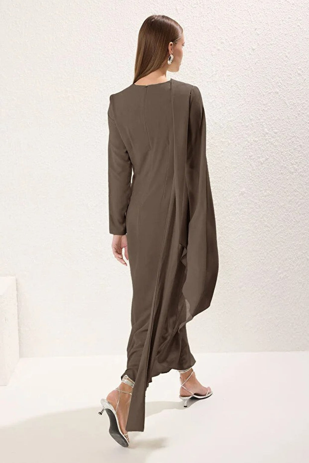 Draped Long Sleeve Maxi Dress with Asymmetric Detail