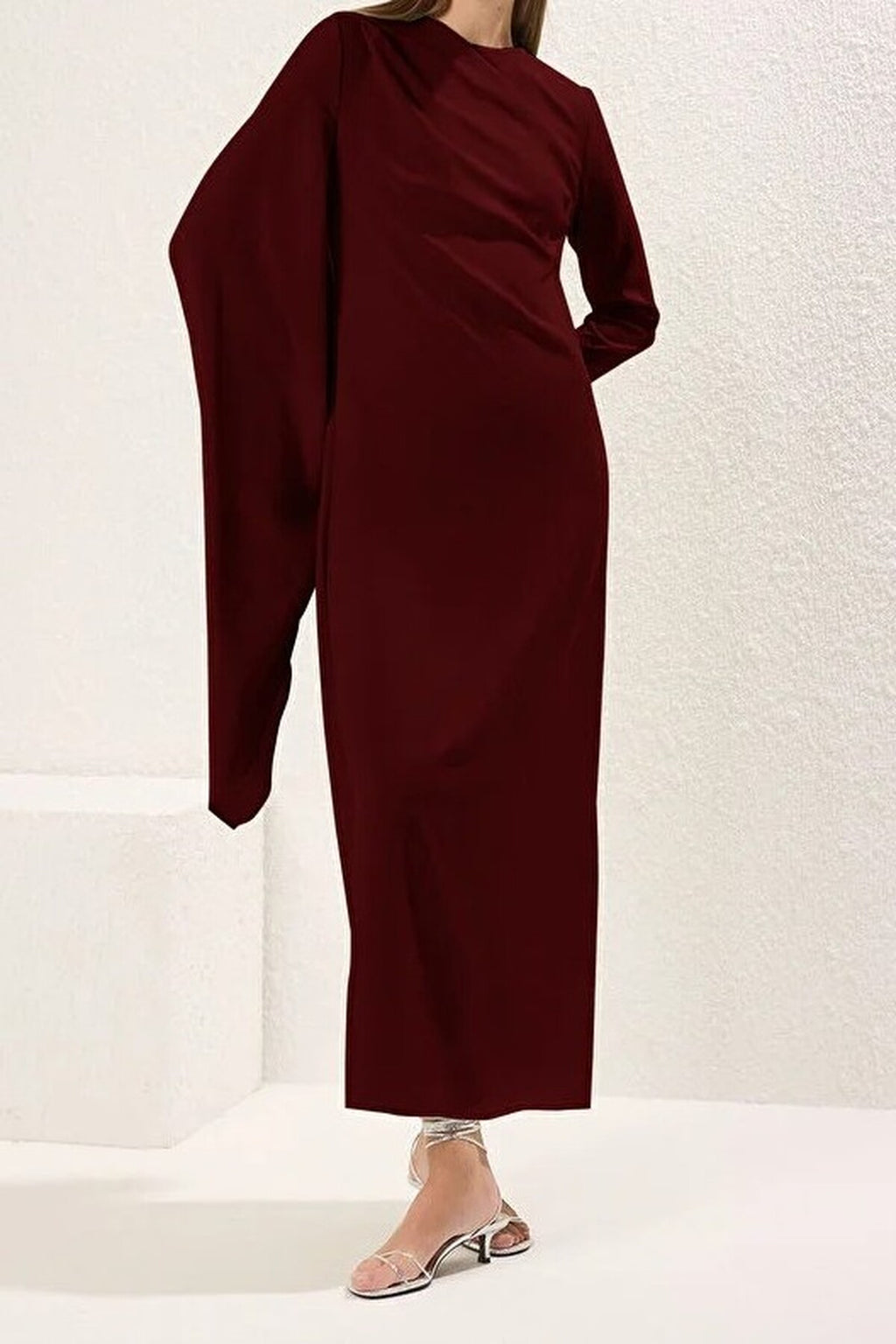 Draped Long Sleeve Maxi Dress with Asymmetric Detail