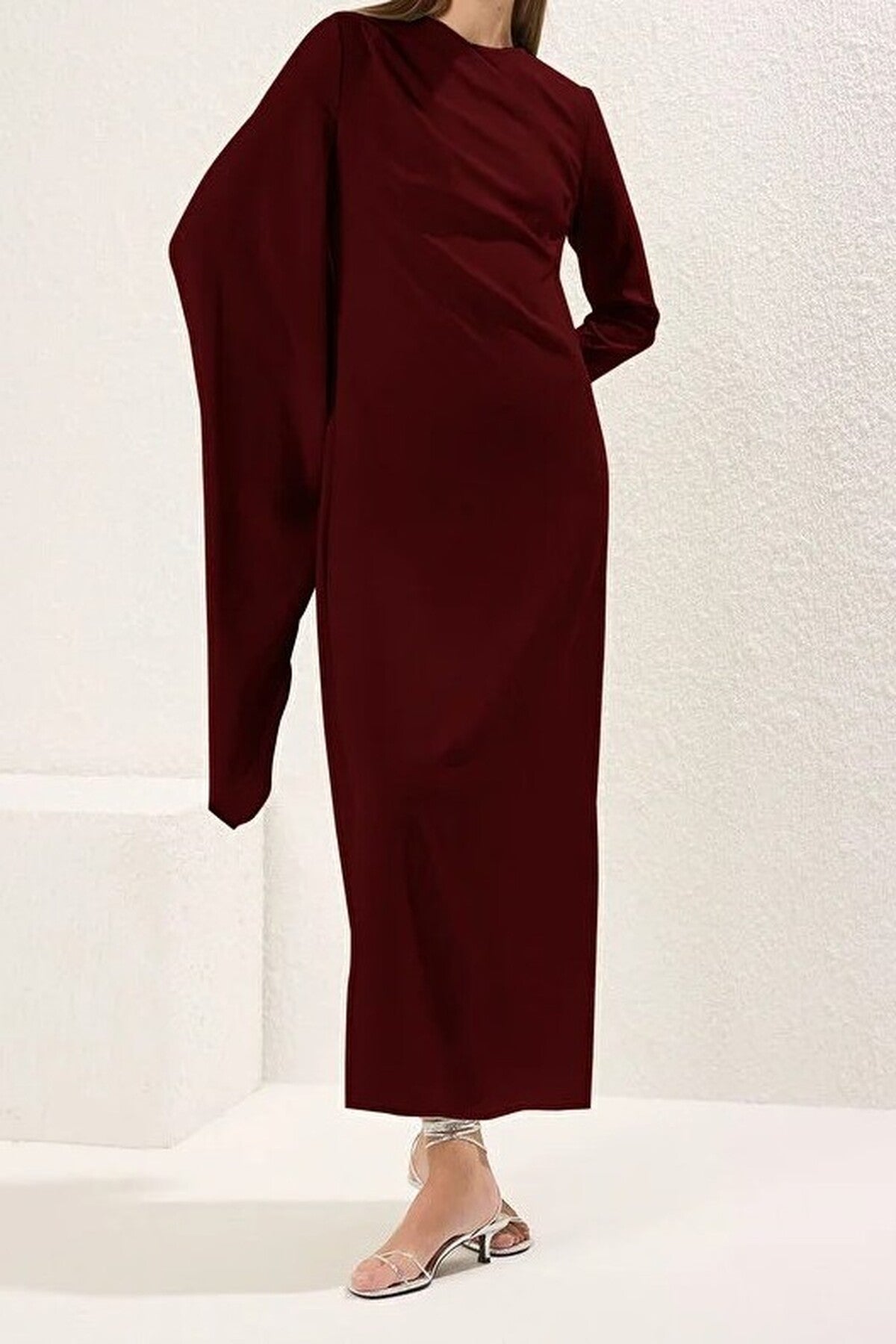 Draped Long Sleeve Maxi Dress with Asymmetric Detail