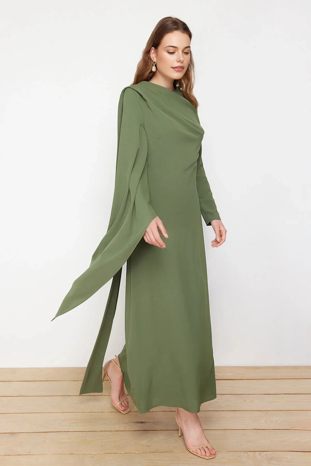 Draped Long Sleeve Maxi Dress with Asymmetric Detail