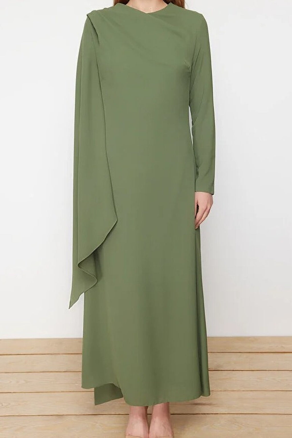 Draped Long Sleeve Maxi Dress with Asymmetric Detail