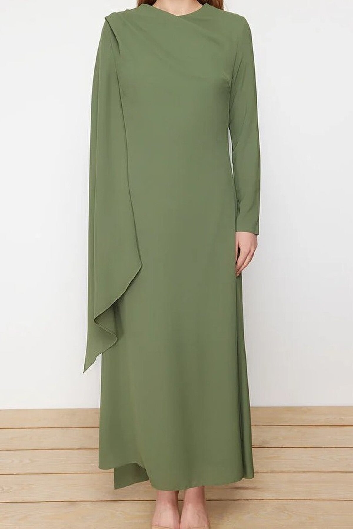 Draped Long Sleeve Maxi Dress with Asymmetric Detail