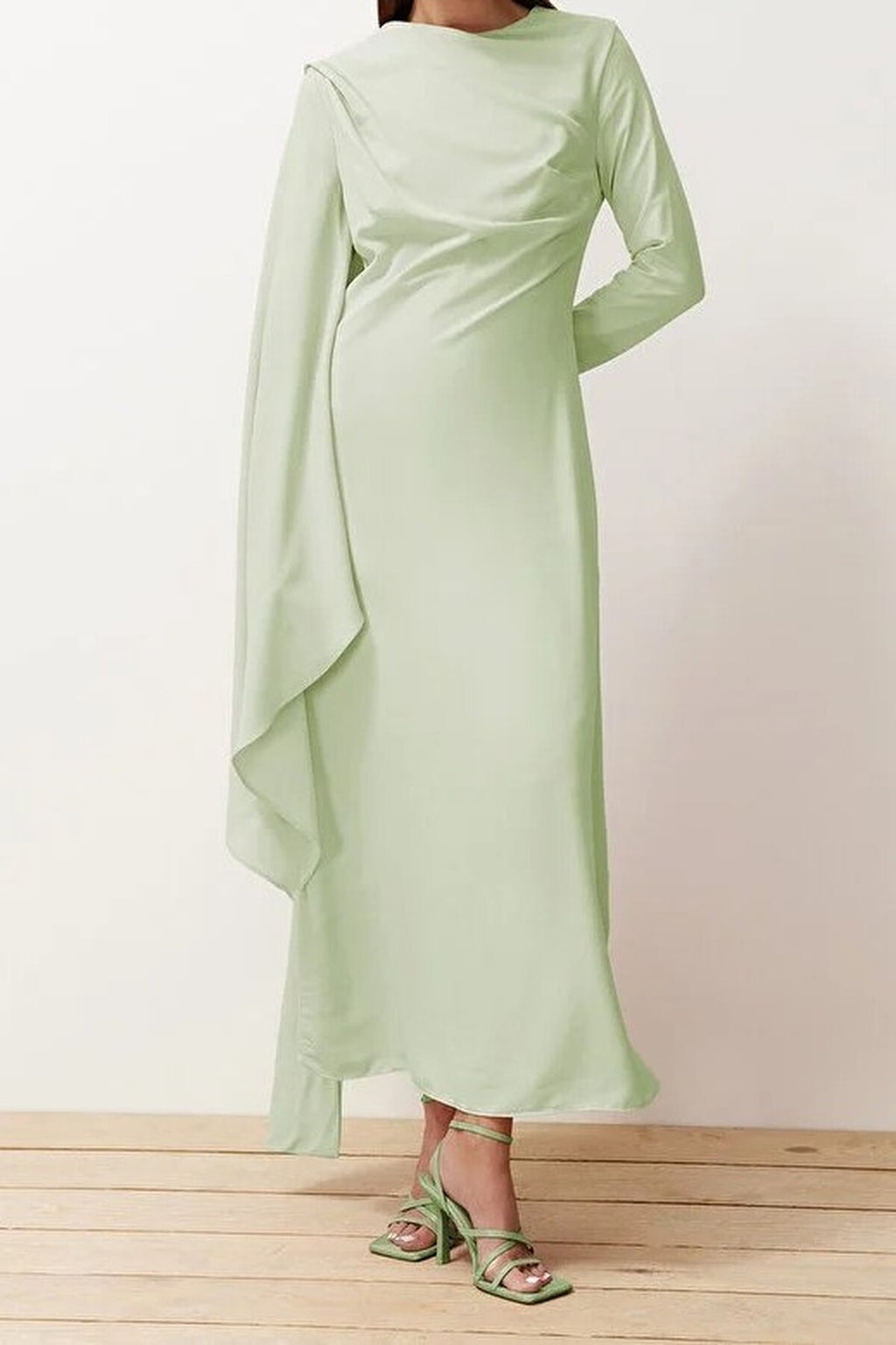 Draped Long Sleeve Maxi Dress with Asymmetric Detail