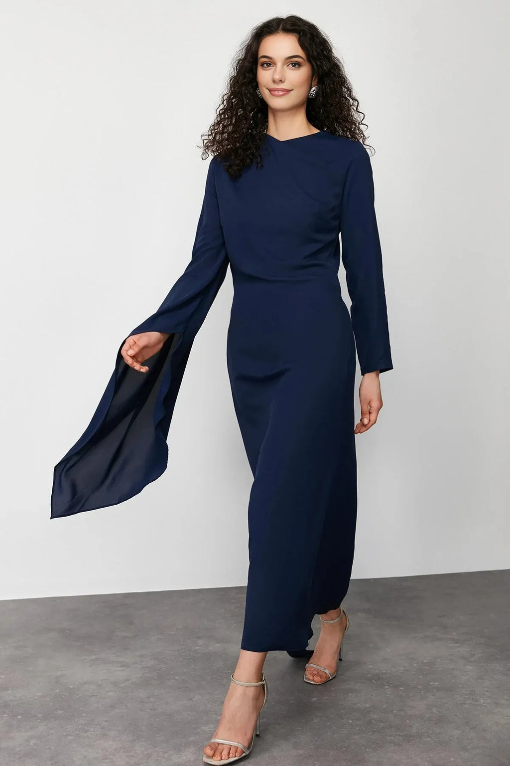 Draped Long Sleeve Maxi Dress with Asymmetric Detail