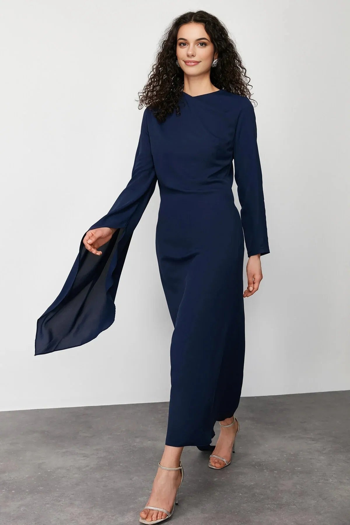 Draped Long Sleeve Maxi Dress with Asymmetric Detail
