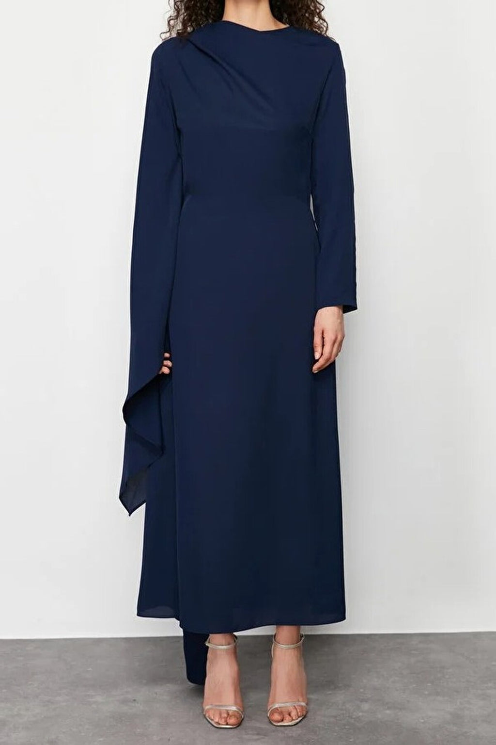Draped Long Sleeve Maxi Dress with Asymmetric Detail