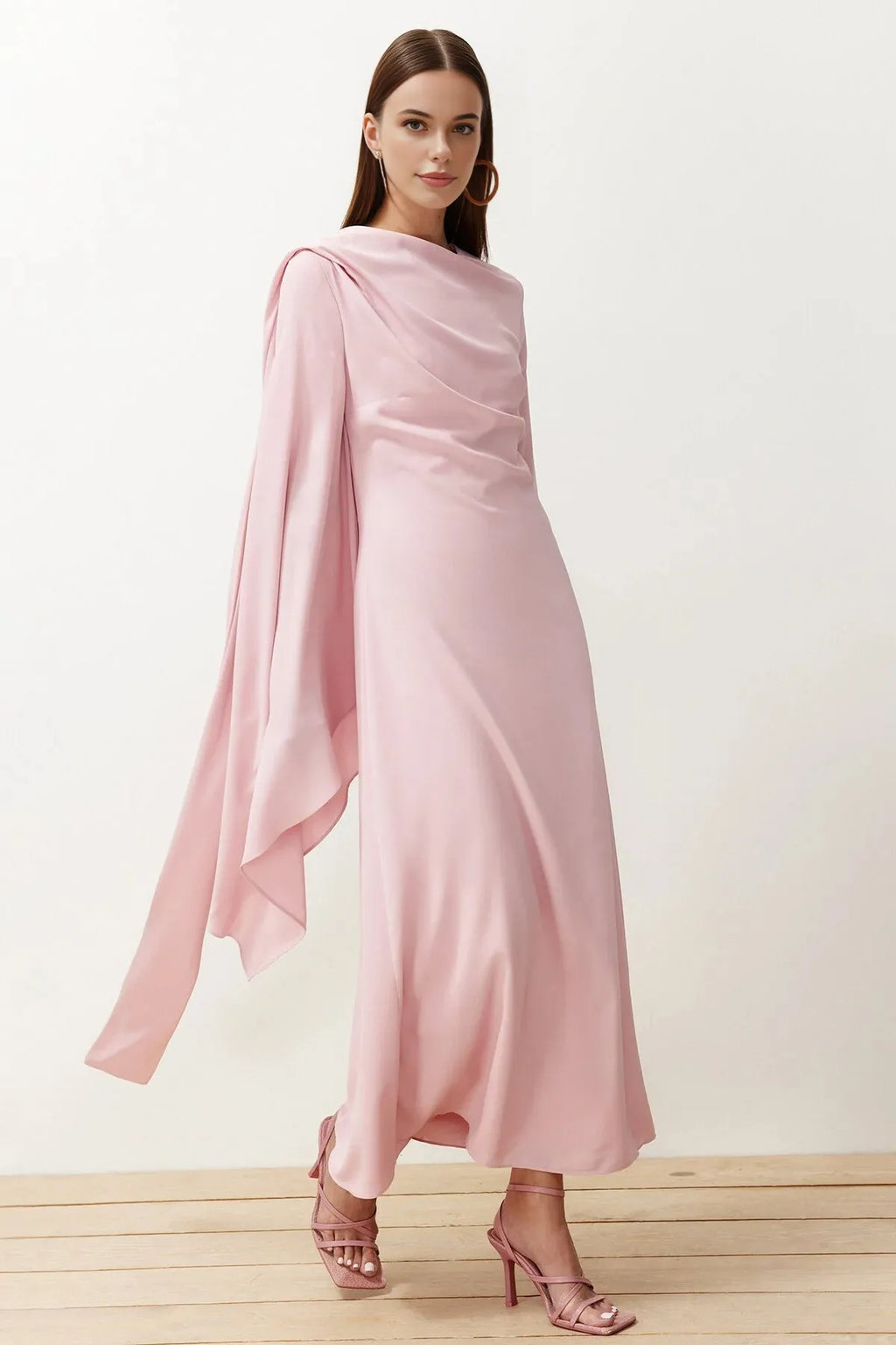 Draped Long Sleeve Maxi Dress with Asymmetric Detail