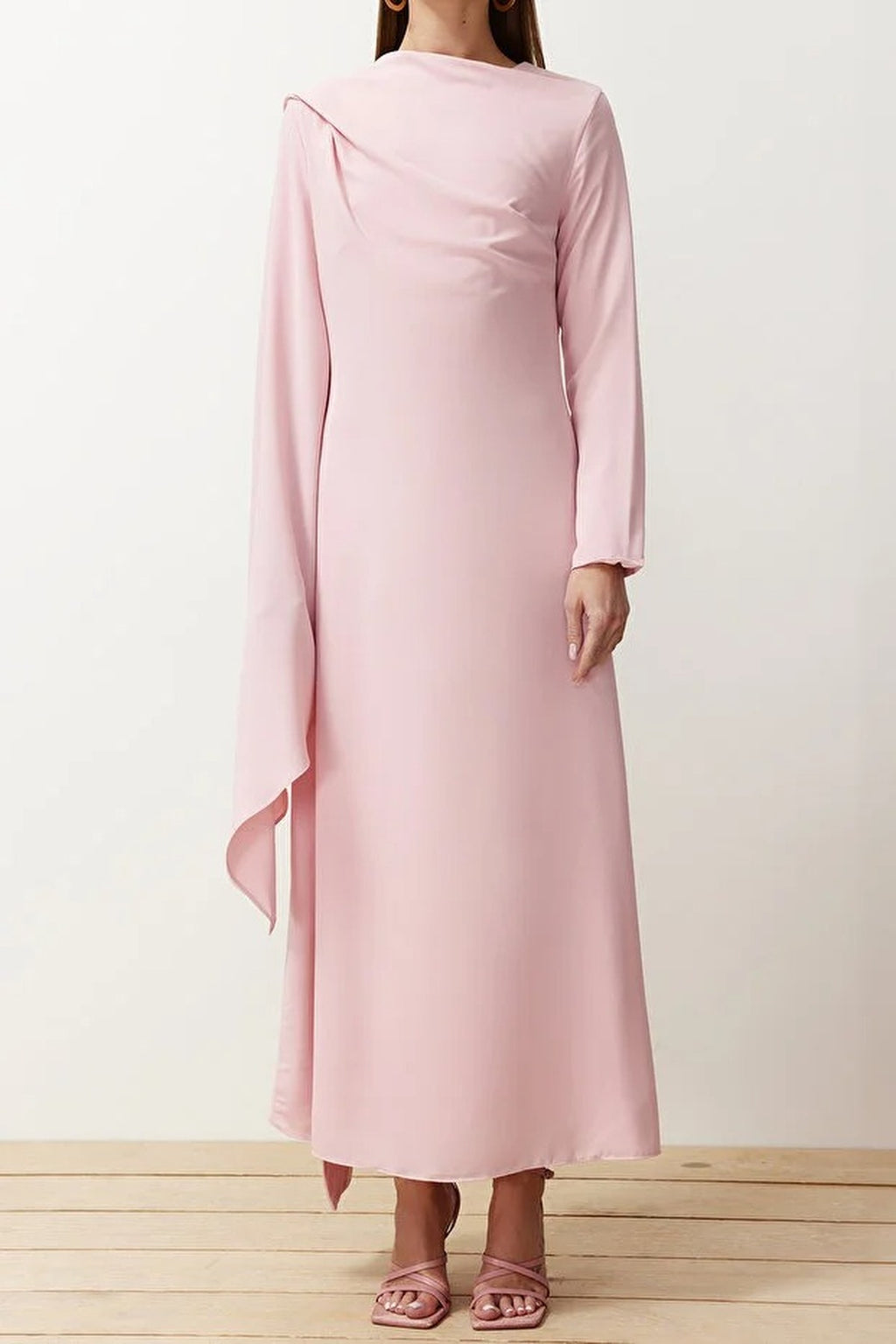 Draped Long Sleeve Maxi Dress with Asymmetric Detail