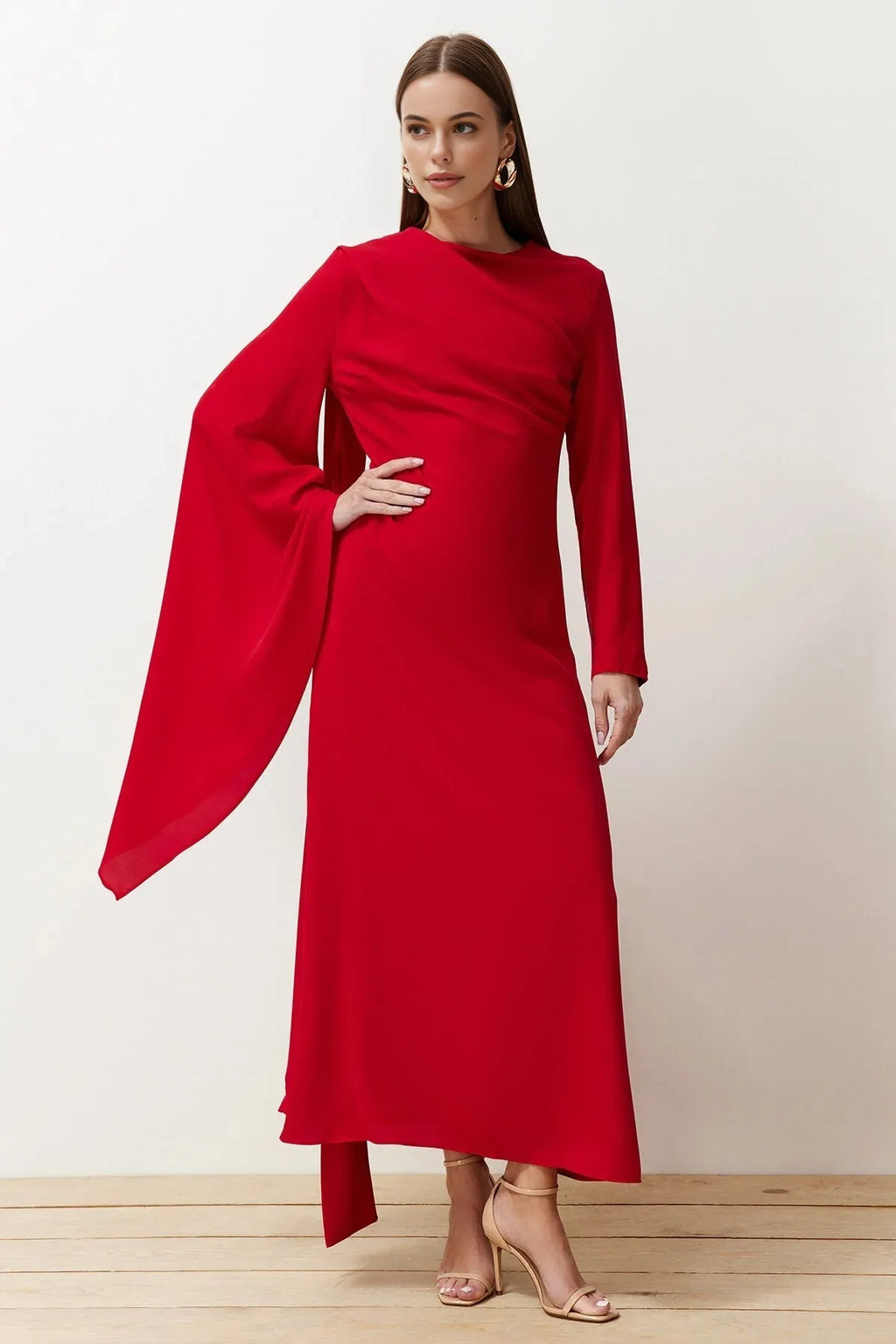 Draped Long Sleeve Maxi Dress with Asymmetric Detail