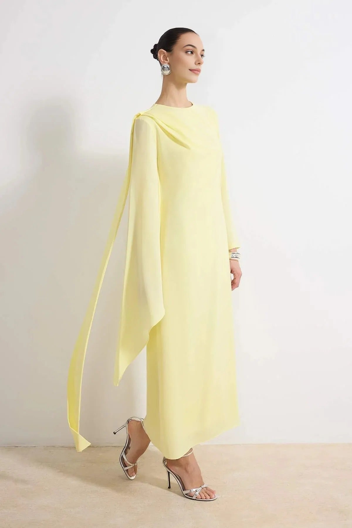 Draped Long Sleeve Maxi Dress with Asymmetric Detail