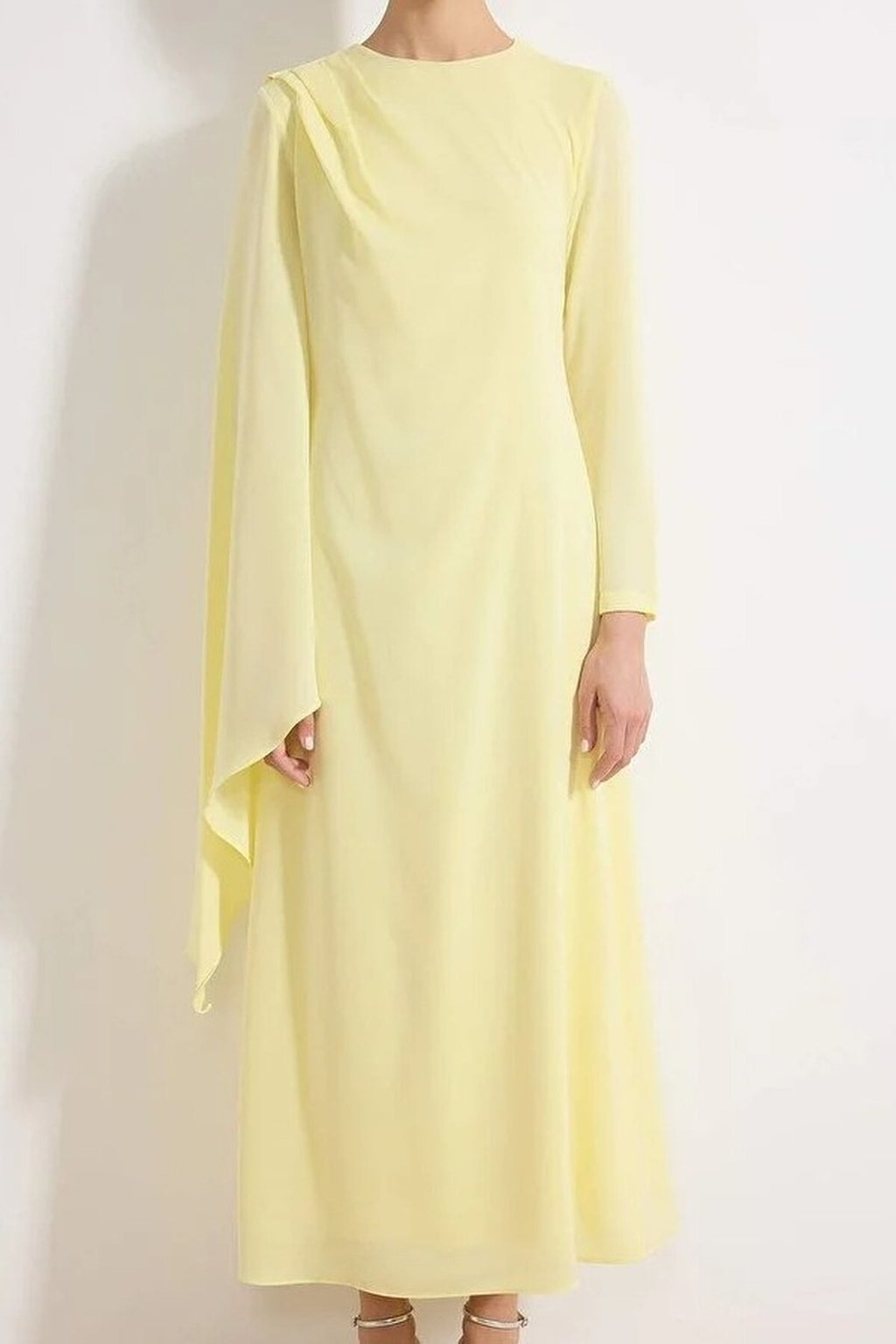 Draped Long Sleeve Maxi Dress with Asymmetric Detail