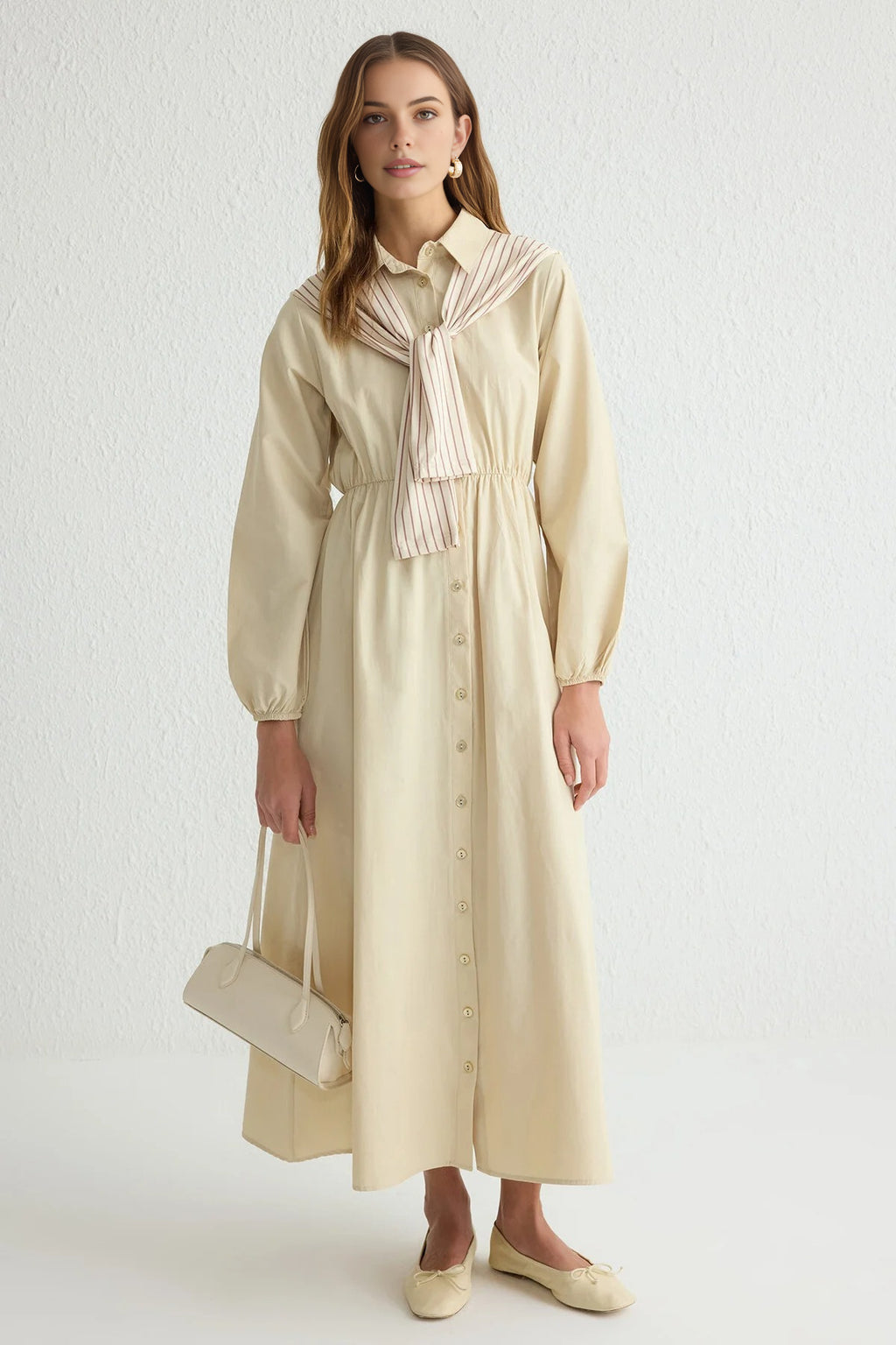 Striped Shirt Collar Long Sleeve Midi Dress with Scarf Detail