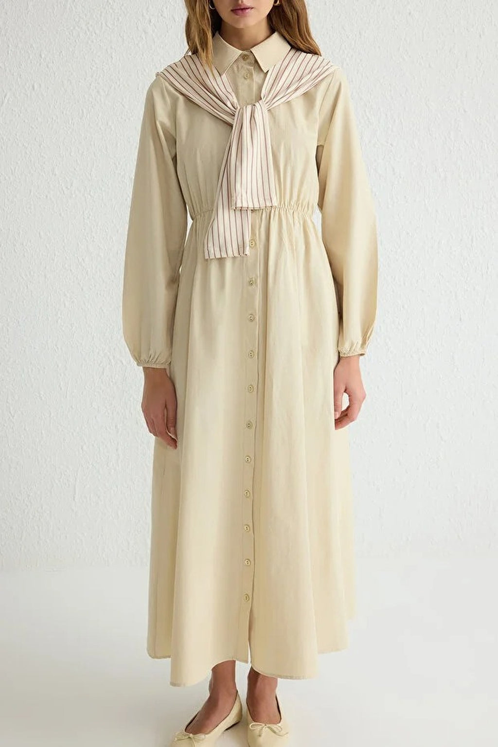 Striped Shirt Collar Long Sleeve Midi Dress with Scarf Detail