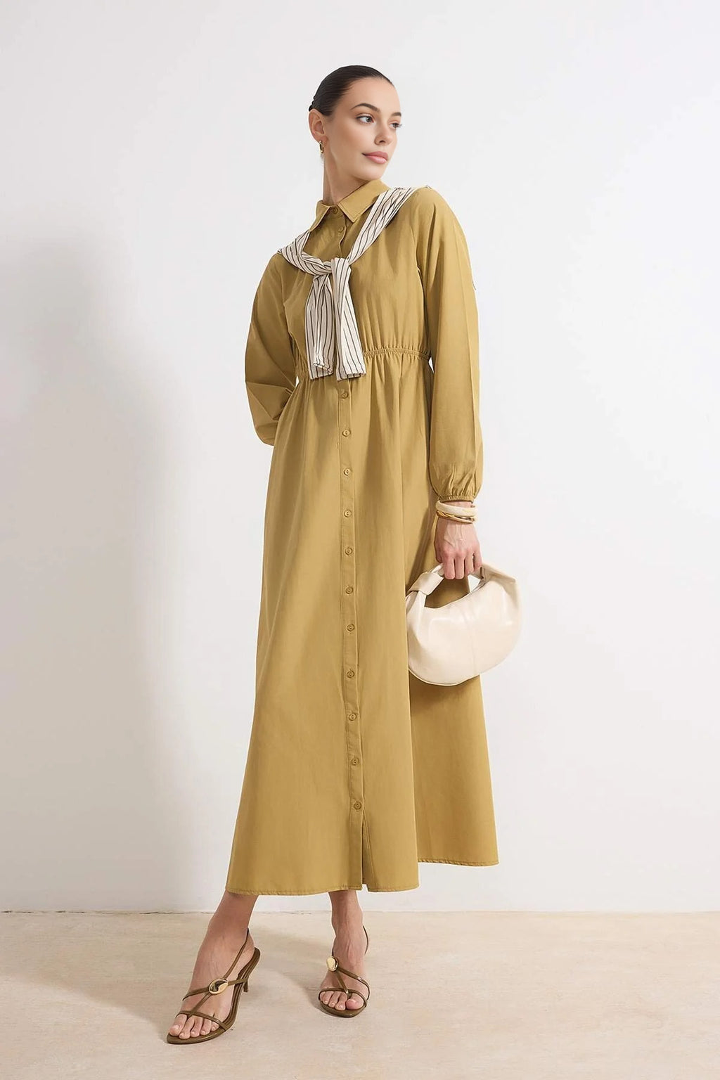 Striped Shirt Collar Long Sleeve Midi Dress with Scarf Detail