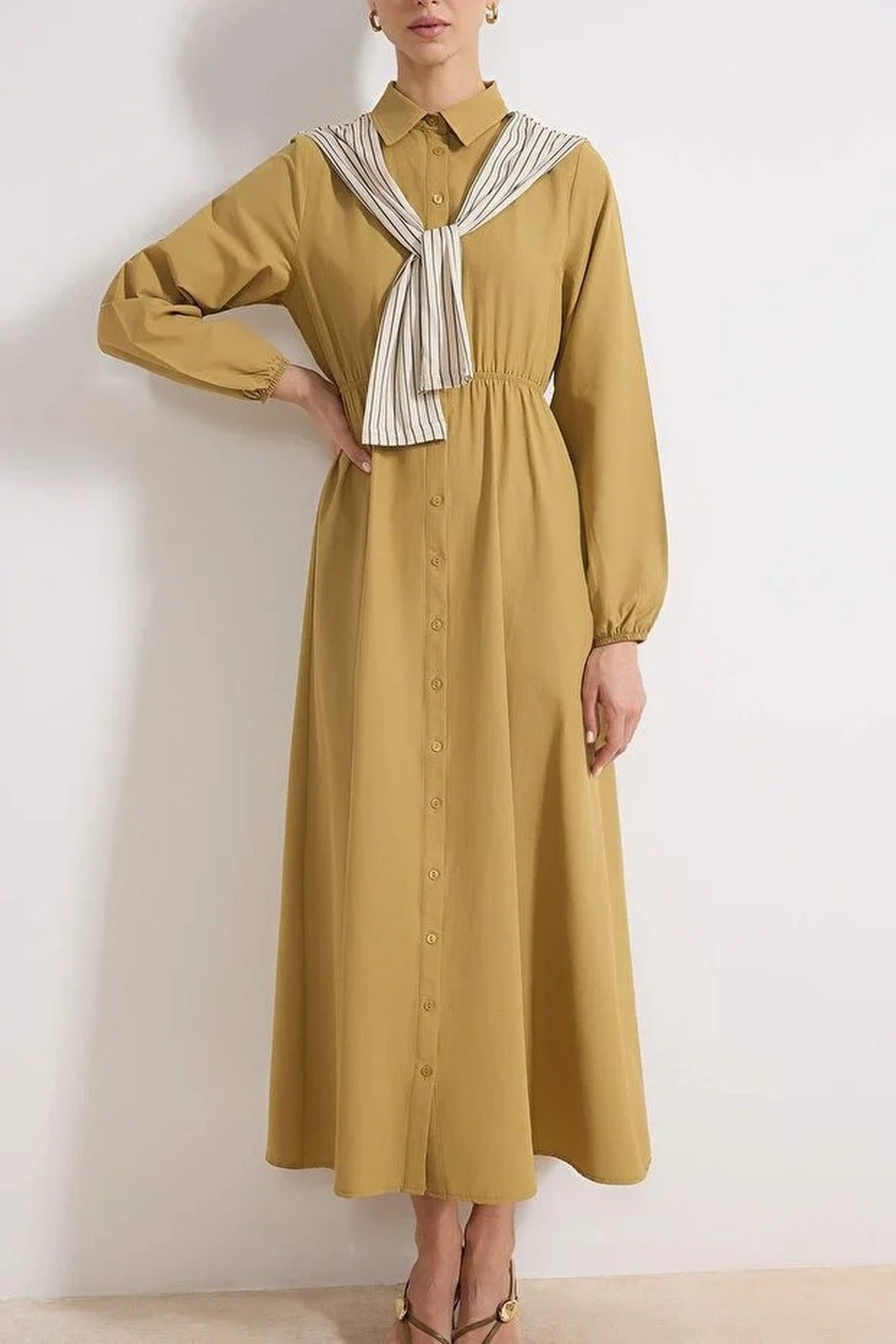 Striped Shirt Collar Long Sleeve Midi Dress with Scarf Detail