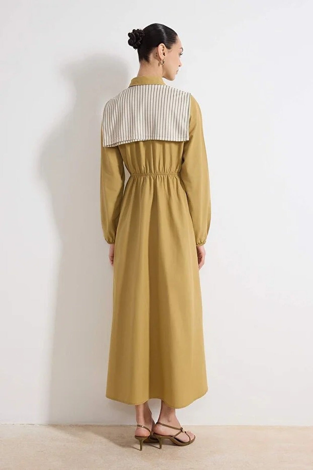 Striped Shirt Collar Long Sleeve Midi Dress with Scarf Detail