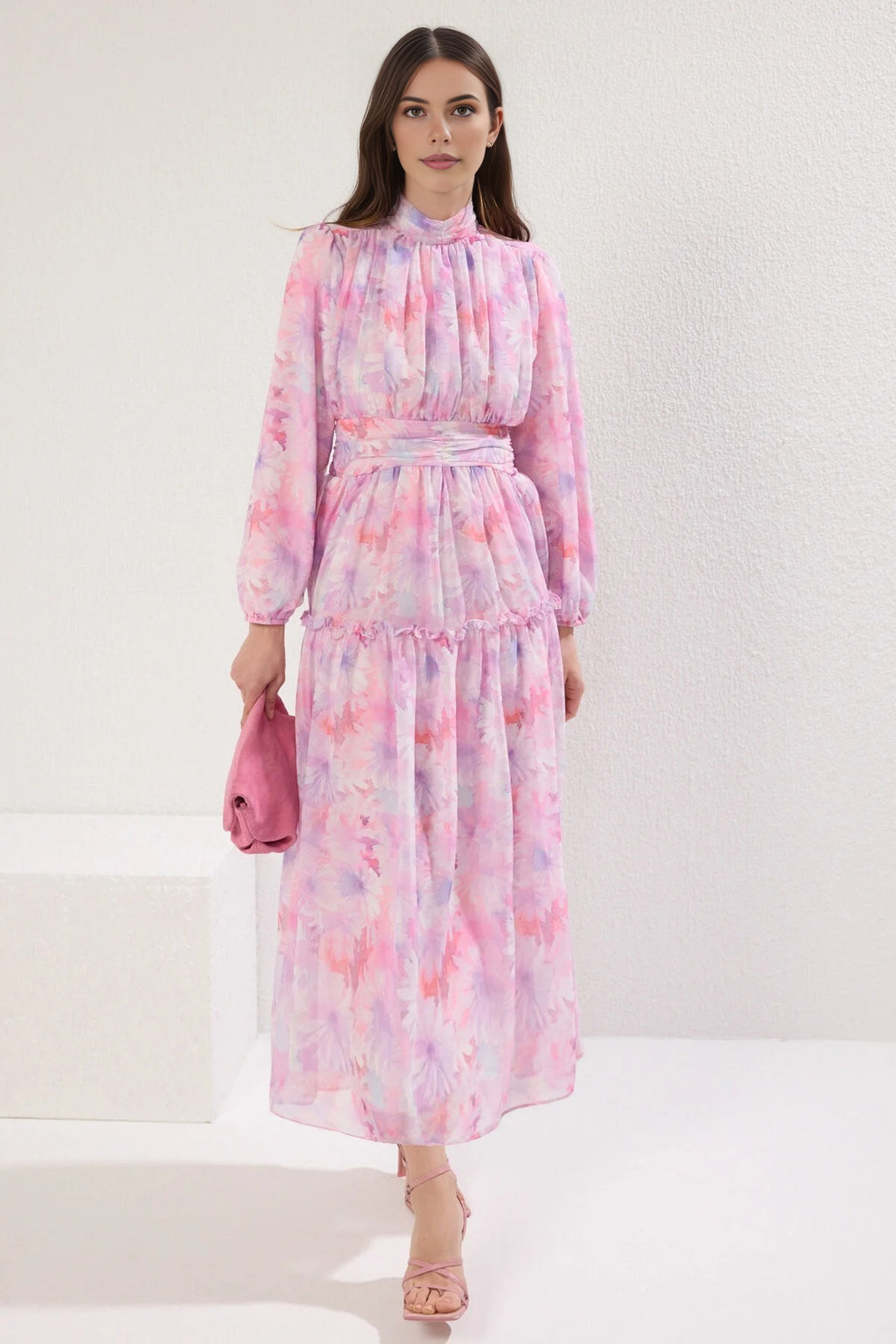 Floral Patterned Lined Chiffon Woven Dress