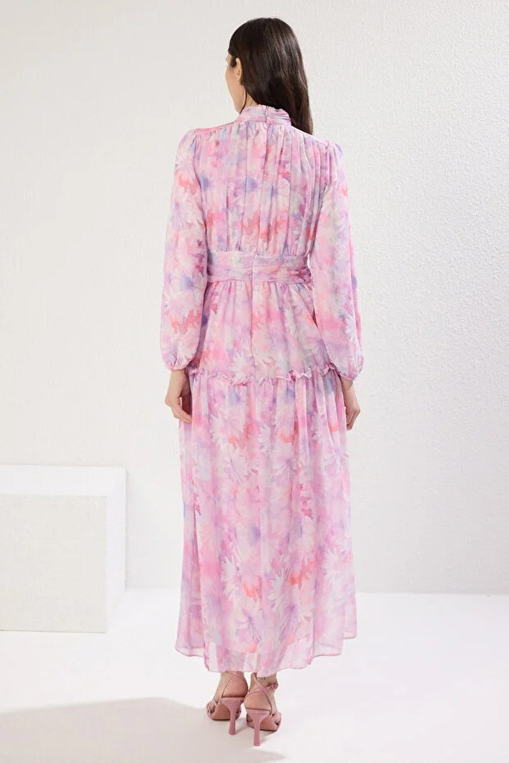 Floral Patterned Lined Chiffon Woven Dress